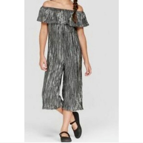 NWT Target Art Class Jumpsuit Cold Shoulder Wide Leg Black Silver Sz 14/16 - Picture 2 of 7